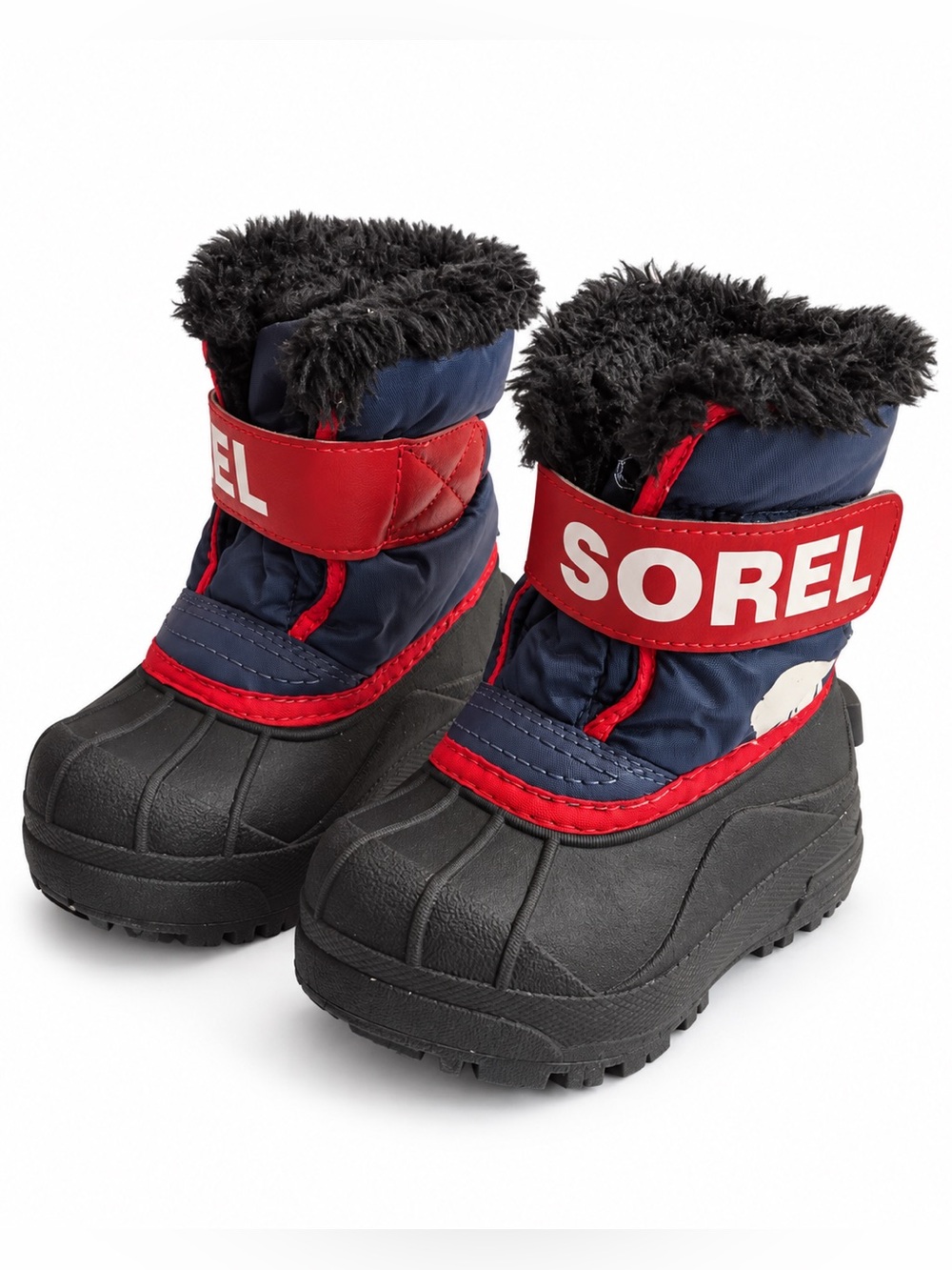 SOREL Kids Snow Boots Navy Red Black Faux Fur Size 7